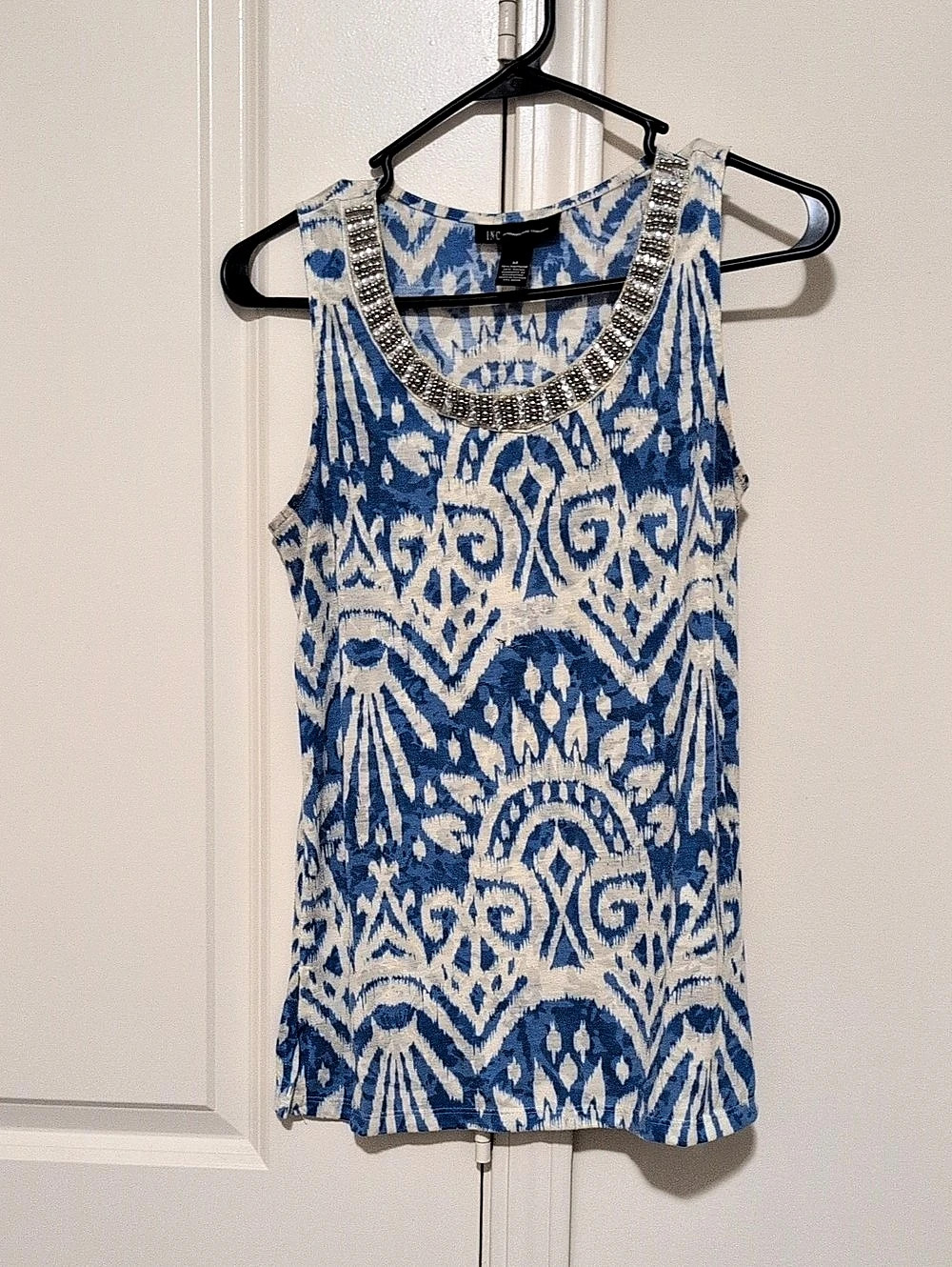 INC International Concepts Geometric Embellished Tank in Blue & Cream Size
